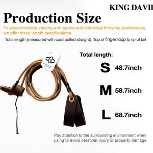May include: A King David sling with a tan cord, a dark brown leather finger loop, and a wooden projectile pouch. The text reads Production Size, Total length, S 48.7inch, M 58.7inch, L 68.7inch, and Pay attention to the surrounding environment.