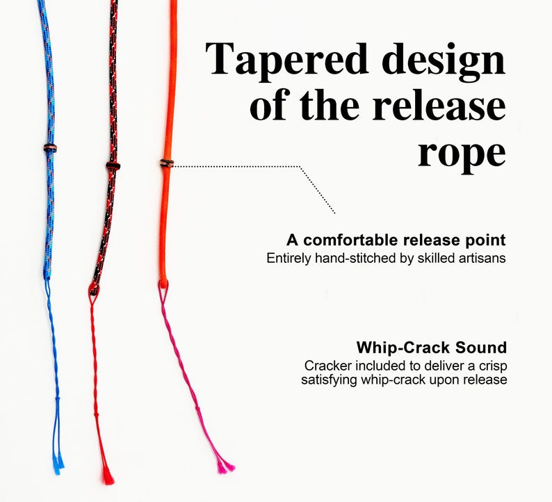 Puede incluir: Tres cuerdas en azul, negro-rojo y naranja, cada una con un dise&ntilde;o c&oacute;nico, un peque&ntilde;o anillo de metal y un cracker fino en el extremo. El texto dice: Tapered design of the release rope, A comfortable release point, Whip-Crack Sound.