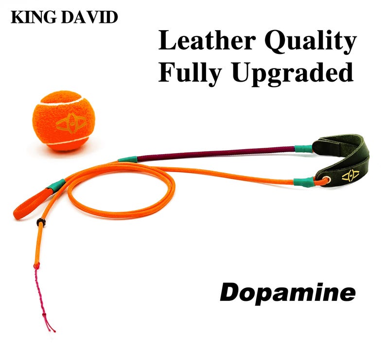 Puede incluir: Una pelota de tenis naranja con un logotipo junto a una correa de cuerda larga naranja y granate con un asa de cuero verde oscuro con un logotipo dorado. El texto dice KING DAVID, Leather Quality Fully Upgraded y Dopamine sobre fondo blanco.