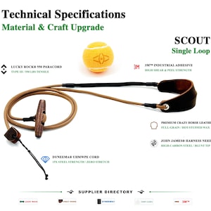 May include: A Scout Single Loop leash featuring tan Lucky Rock 550 paracord, a dark brown wooden toggle, and a black leather cuff. The image includes text labels for materials like 3M industrial adhesive, Dyneema UHMWPE cord, and John James harness needle, alongside a yellow tennis ball.