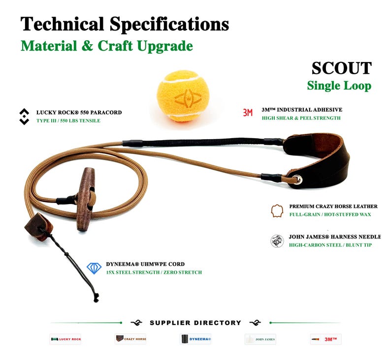 May include: A Scout Single Loop leash featuring tan Lucky Rock 550 paracord, a dark brown wooden toggle, and a black leather cuff. The image includes text labels for materials like 3M industrial adhesive, Dyneema UHMWPE cord, and John James harness needle, alongside a yellow tennis ball.