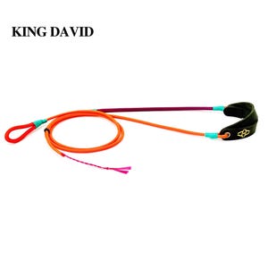 May include: A King David branded sling featuring a bright orange cord with a loop handle, a purple section, and a black leather pouch with a gold logo. The cord is secured with light blue accents and includes a frayed pink cord end detail.