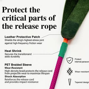 Puede incluir: Una cuerda de liberaci&oacute;n con un parche protector de cuero verde oscuro, un tubo termorretr&aacute;ctil verde y una funda trenzada de PET morada. La imagen incluye texto que explica las caracter&iacute;sticas protectoras, incluido el refuerzo.