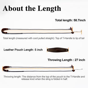 May include: A brown leather pouch sling with black cords and a T-handle. Text indicates a total length of 58.7 inches, a leather pouch length of 5 inches, and a throwing length of 27 inches, measured from the pouch to the T-handle and release knot.