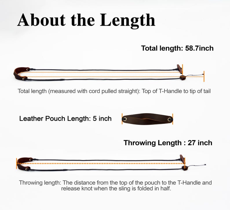 May include: A brown leather pouch sling with black cords and a T-handle. Text indicates a total length of 58.7 inches, a leather pouch length of 5 inches, and a throwing length of 27 inches, measured from the pouch to the T-handle and release knot.
