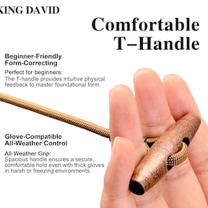 May include: A brown textured T-handle with a matching braided cord attached. The text on the image reads: KING DAVID, Comfortable T-Handle, Beginner-Friendly Form-Correcting, Perfect for beginners, Glove-Compatible All-Weather Control, All-Weather Grip.