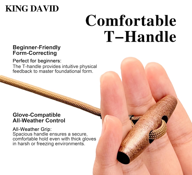 May include: A brown textured T-handle with a matching braided cord attached. The text on the image reads: KING DAVID, Comfortable T-Handle, Beginner-Friendly Form-Correcting, Perfect for beginners, Glove-Compatible All-Weather Control, All-Weather Grip.