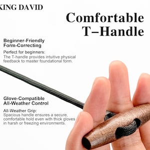May include: A brown wooden T-handle attached to a black braided cord. The text on the image reads: KING DAVID, Comfortable T-Handle, Beginner-Friendly Form-Correcting, Perfect for beginners, Glove-Compatible All-Weather Control, All-Weather Grip.