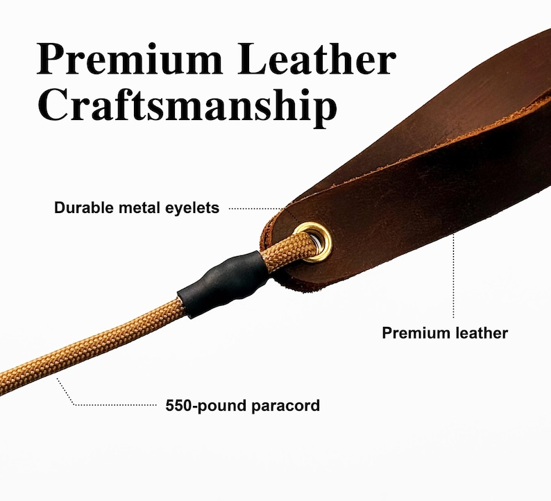 May include: A brown leather strap with a gold-colored metal eyelet and a tan 550-pound paracord attached by a black sleeve. The text Premium Leather Craftsmanship, Durable metal eyelets, Premium leather, and 550-pound paracord are visible.