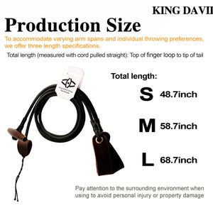 May include: A black cord sling with a brown leather finger loop and a brown wooden toggle. The text reads KING DAVID, Production Size, and lists total lengths of 48.7 inches, 58.7 inches, and 68.7 inches for sizes S, M, and L respectively.