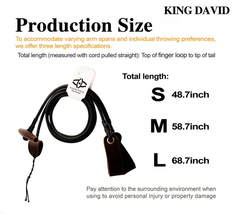 May include: A black cord sling with a brown leather finger loop and a brown wooden toggle. The text reads KING DAVID, Production Size, and lists total lengths of 48.7 inches, 58.7 inches, and 68.7 inches for sizes S, M, and L respectively.