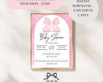 Pink Bow Themed Baby Shower Invitation + Evite Template - Instant Download + Canva Template
