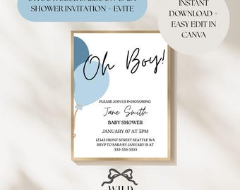 Oh Boy! Baby Shower Invitation + Evite - Instant Download - Editable Template in Canva