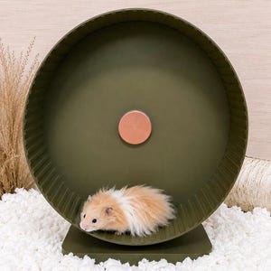 以下が含まれることがあります： 小さな動物用の大きな円形のオリーブグリーンの回し車で、しっかりとした平らな土台と中央に銅色の円形のキャップが付いています。クリーム色と白の毛並みをしたふわふわの長毛ハムスターが、回し車の中に入っています。