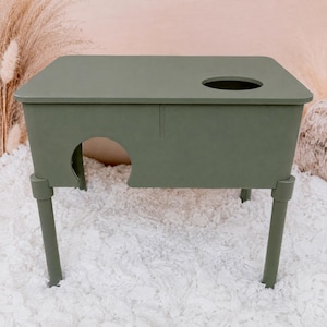 May include: A sage green rectangular pet hideout table with four slender legs, a flat top surface featuring a circular cutout, and a large arched opening on the front panel. The structure is constructed with smooth, solid panels and a matte finish.