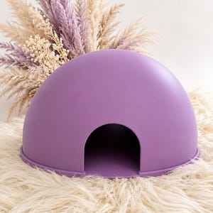 May include: A smooth, dome-shaped purple pet hideout featuring a single arched entrance. The structure has a solid, matte finish and a wide, circular base, providing a simple, enclosed space for small animals to rest inside.