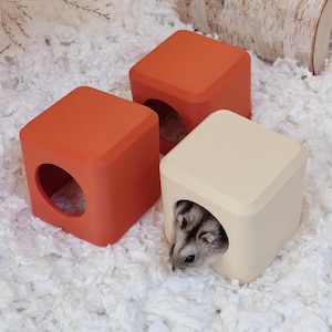May include: Three cube-shaped pet hideouts with circular openings. Two cubes are orange and one is cream-coloured. A small grey and white hamster is peeking out from the opening of the cream-coloured cube. The structures have smooth surfaces.
