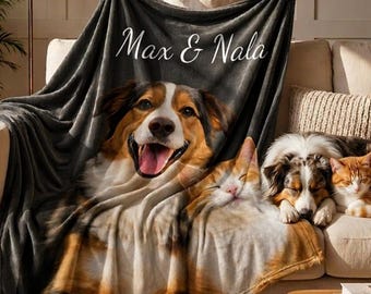Custom Pet Photo Blanket With Name Personalized Dog Cat Portrait Blanket Pet Memorial Sympathy Gift For Pet Lovers & Owners Pet Mom Gifts