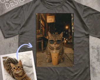Custom Cat Iced Coffee Shirt Comfort Colors Personalized Pet Portrait Vintage Tshirt Custom Cat Mom Gifts Pet Memorial Gift for Cat Lovers