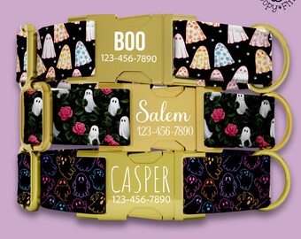 Halloween Dog Collar Personalized Gift For Dog Mom Spooky Ghosts Dog Collar Leash Set Engraved Name Custom Purple Puppy Gift Set FF-178