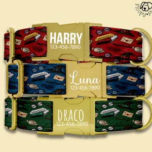 May include: Three dog collars with gold-colored hardware. Each collar has a different patterned fabric with a repeating design of books, glasses, and feathers. The collars are labeled "Harry", "Luna", and "Draco" with phone numbers.