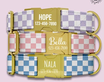 Checkered Custom Dog Collar Personalized Pet Gift For Dog Mom Checkerboard Dog Collar And Leash Custom Engraved Name Puppy Gift FF-49
