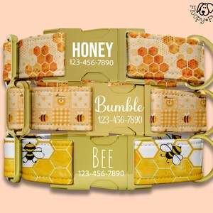 May include: Three pet collars with gold-colored plastic buckles featuring personalized text. The top collar has a honeycomb pattern, the middle has a bee and gingham print, and the bottom has a bee and hexagon design with contact information.