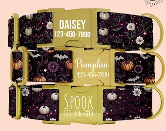 Halloween Dog Collar Personalized Gift For Dog Lover Spooky Pumpkin & Ghosts Dog Collar Leash Set Engraved Name Custom Puppy Gift Set FF-174