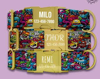 Graffiti Monster Dog Collar Personalized Gift For Dog Lover Custom Matching Collar And Leash Set Dog Mom Gifts Custom Engraved Tag FF-107