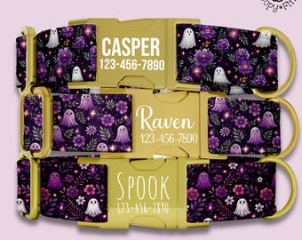 Halloween Dog Collar Personalized Gift For Dog Mom Spooky Ghosts Dog Collar Leash Set Engraved Name Custom Purple Puppy Gift Set FF-173