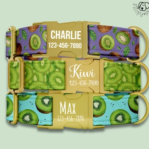 May include: Three dog collars with gold-colored buckles and D-rings. Each collar features a different kiwi fruit pattern on a colored background: purple, green, and teal. The collars are labeled with the names "Charlie", "Kiwi", and "Max", along with phone numbers.