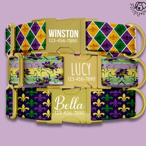 May include: Three personalized dog collars with gold-colored buckles and D-rings. Each collar features a unique pattern in purple, green, and gold, with the names "Winston", "Lucy", and "Bella" printed in white, along with a phone number.