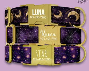 Witchy Magic Halloween Dog Collar Personalized Gift For Dog Owner Moon Dog Collar Leash Set Engraved Name Custom Gift For Dog Lover FF-177