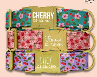 Cherry Fruit Dog Collar Personalized Engraved Gift For Dog Lover Custom Collar Leash Set Summer Flower Fruit Dog Collars Puppy Gift FF-168