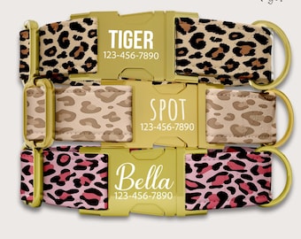 May include: Three personalized dog collars with gold-colored buckles. The collars feature leopard print patterns in tan, brown, and pink. Each collar has a name and phone number printed on the buckle: Tiger, Spot, and Bella.