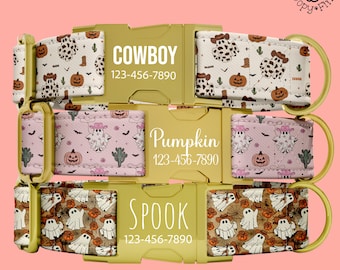 Collar para perro de Halloween estilo western, regalo personalizado para mamá perruna, conjunto de collar y correa con diseño de fantasmas vaqueros, nombre grabado, regalo personalizado para cachorros FF-175