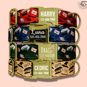 May include: Four personalized dog collars with gold-colored hardware. Each collar features a unique pattern with a repeating design of books, envelopes, and other themed elements. The collars are labeled with names and phone numbers: Harry, Luna, Draco, and Cedric.