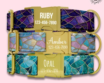Purple Mosaic Dog Collar Personalized Engraved Gift For Dog Lover Colorful Dog Collar and Leash Set Custom Art Lover Gift FF-153