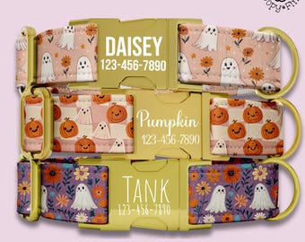 Halloween Dog Collar Personalized Gift For Dog Lover Spooky Pumpkin & Ghosts Dog Collar Leash Set Engraved Name Custom Puppy Gift Set FF-172