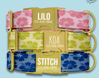 Hawaiian Floral Dog Collar Personalized Engraved Gift For Dog Owner Custom Tropical Collar Leash Set Aloha Dog Collar Gift For Dog Mom FF-68