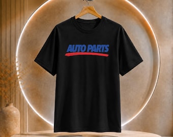 Auto Parts Tee | Retro Script Logo, Blue & Red Graphic Shirt