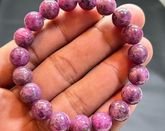 Natural Pink Ruby Smooth Round Beads Bracelet 7.2 INCH, Boho Stretch Jewelry 10-10.5mm