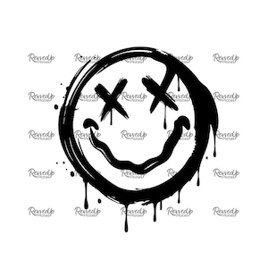 Puede incluir: Gráfico negro de una carita sonriente con ojos en forma de X y un efecto de pintura goteando. El diseño es de estilo desgastado, con una apariencia rugosa y texturizada. La imagen tiene un fondo blanco.