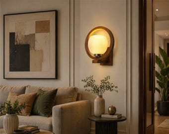 Handmade Circle Wood Sconce – Frosted Glass Globe Nordic Wall Lamp