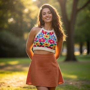 May include: A halter top with a floral design in shades of pink, yellow, blue, and green. The top is paired with a rust-colored mini skirt. The outfit is set against a blurred outdoor background.