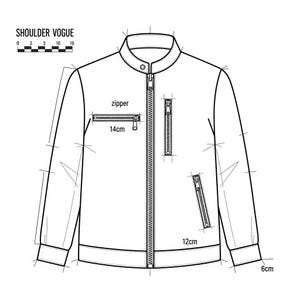 May include: A black and white technical drawing of a jacket with a zipper closure and multiple pockets. The drawing includes measurements in centimeters, with the text "SHOULDER VOGUE" at the top left.