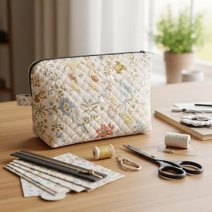 Pode incluir: Uma bolsa de cosméticos acolchoada creme com um padrão floral, um zíper preto e uma pequena presilha de tecido. Materiais de costura, incluindo tesouras, linha e um zíper, são dispostos em uma superfície de madeira.