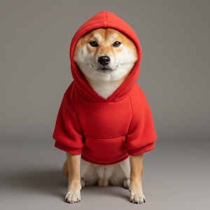 May include: A Shiba Inu dog wearing a bright red hoodie, posing against a gray backdrop. The dog's fur is a mix of tan and white, contrasting with the solid red of the hooded sweatshirt. The dog is sitting and looking directly at the camera.