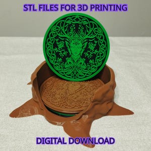May include: A set of 3D-printed coasters with a Celtic design, featuring a green and black circular coaster with a tree-like figure. The coasters are displayed in a brown holder shaped like a tree stump. Text at the top reads "STL FILES FOR 3D PRINTING" and "DIGITAL DOWNLOAD" at the bottom.