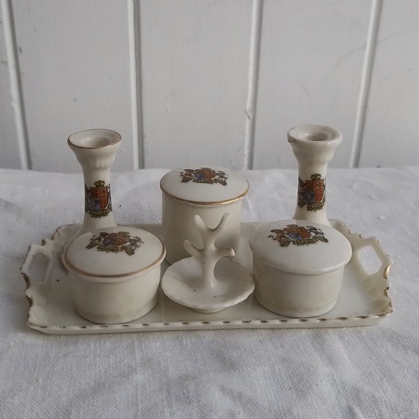 Vintage Crested Ware Vanity Set Candlesticks, pots, ring holder Tewksbury Tray by Gemma porcelain